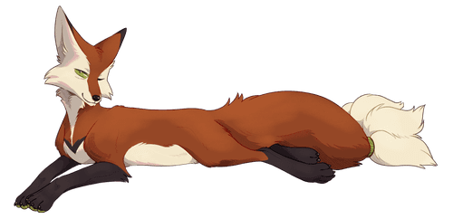 A digital illustration of a Red Fox with left side facial palsy looking at the camera. His left eye is narrowed due to his palsy.