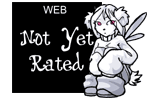 A digital illustration of a small anthropomorphic bear girl sitting next to a black box which reads out the age rating of not rated.